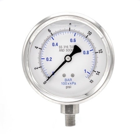 Pro 4 in Dial, 0/15 PSI & Bar, 1/4 in NPT, Lower Mount Glycerin Filled Pressure Gauge PRO-301L-404B-01